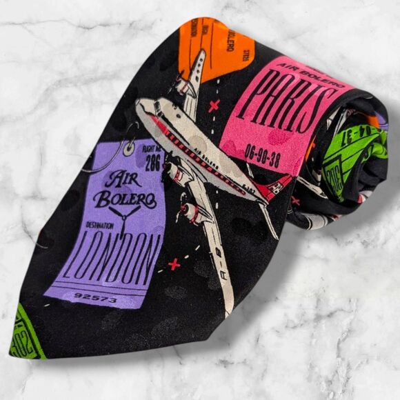 Vintage 90s Addiction 100% Silk Tie Airplane Flight Travel Pilot Airport Novelty - Picture 1 of 6